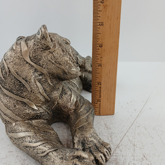 Tiger Resting Sculpture Silver Tone Wild Animal Art Statue Lying Big Cat Decor - Picture 11 of 11